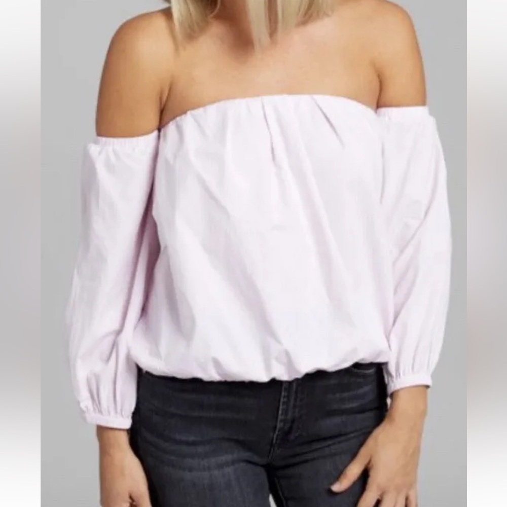7 For All Mankind Women Pink White Stripe 100% Cotton Off Shoulder Bubble Top S